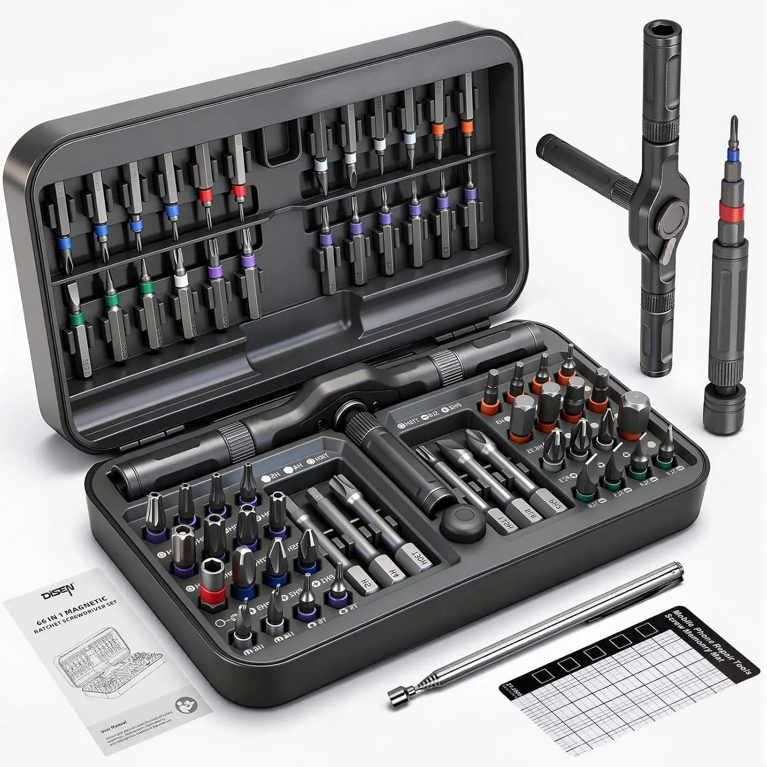 Electronics Repair Game - 68-in-1 Ratschenschraubendreher-Set, 58-Zahn-T-Griff mit magnetischer Aufnahmefläche,